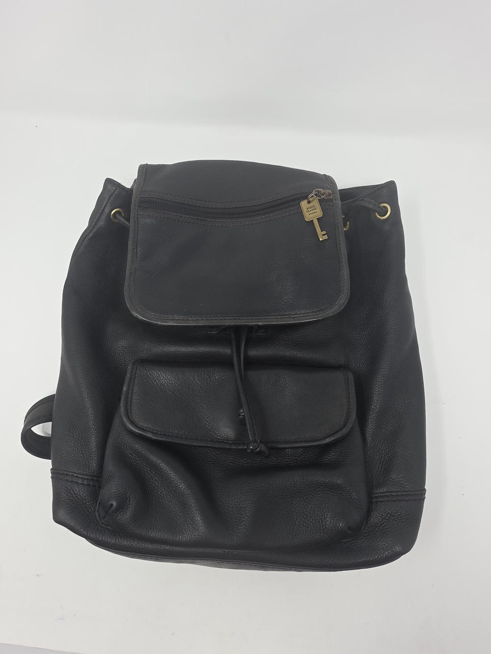 Fossil Black Pebbled Leather Backpack Drawstring Bag Brass Hardware
